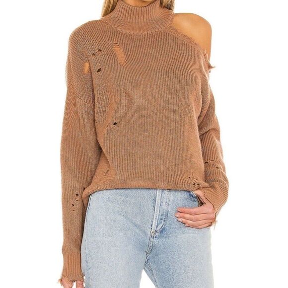 Revolve Lovers + Friends Camel Arlington One Shoulder Distressed Sweater Medium - Picture 1 of 13